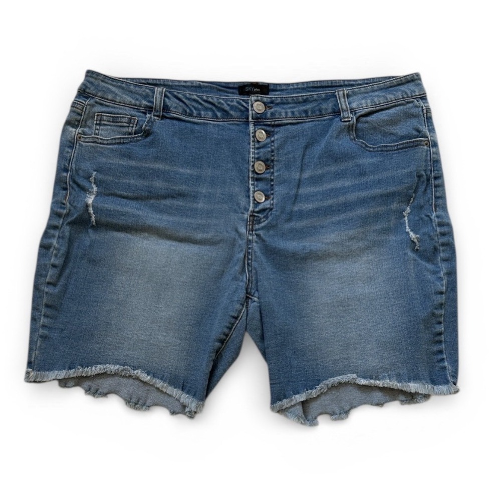 Sky Plus Shorts Women 3X Blue Distressed Cut Off Denim Shorts Button Fly